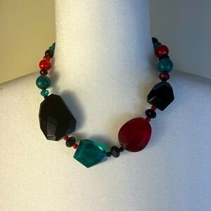 Black, Red and Turquoise Multi-Faceted Beaded Statement Necklace